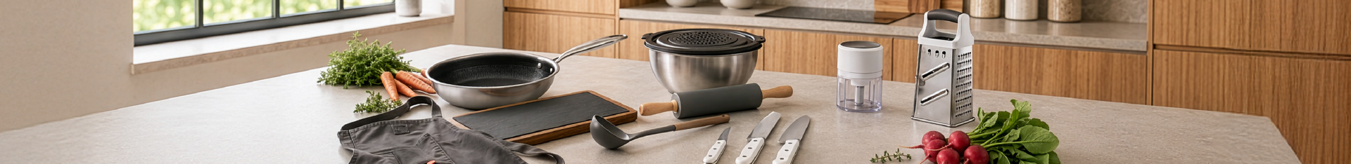 Imagen promocional de menaje y utensilios de cocina para supermercado online. Sobre una amplia encimera de cocina aparecen una sartén antiadherente, un bol de acero inoxidable con tapa, una tabla de cortar, un rodillo, un cucharón, tres cuchillos de cocina, un rallador, un picador manual y un delantal. La composición se completa con verduras frescas como zanahorias, rábanos y hierbas aromáticas en una cocina moderna y luminosa.