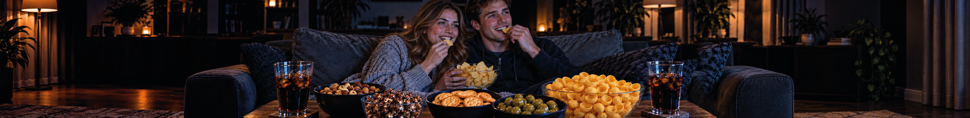 Imatge de snacks per a Halloween en una nit de cinema o de terror. Dues persones assegudes en un sofà davant d'una taula plena d'aperitius, amb creïlles fregides, olives, fruita seca, roses de dacsa caramel·litzades, galetes salades i refrescos en un ambient càlid i amb poca llum.