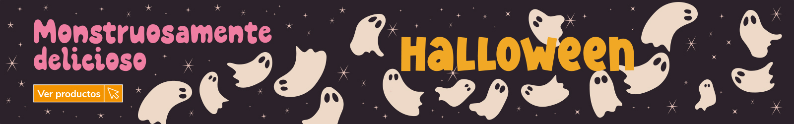 Banner de Halloween con fondo oscuro decorado con fantasmas y estrellas. Texto destacado: “Monstruosamente delicioso”, “HALLOWEEN” y botón “Ver productos”. Promoción de productos y alimentación especial de Halloween en supermercado online.