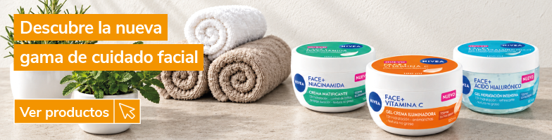 Banner de cuidado facial con el mensaje "Descubre la nueva gama de cuidado facial". Selección de cremas faciales Nivea Face+ con Niacinamida, Vitamina C y Ácido Hialurónico para hidratación, luminosidad y cuidado diario de la piel. Los productos aparecen en un ambiente tipo spa con toallas enrolladas, plantas aromáticas y difusor de varillas. Botón "Ver productos".