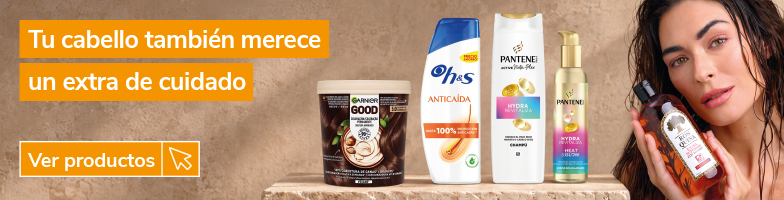 Banner de cuidado capilar con el mensaje "Tu cabello también merece un extra de cuidado". Selección de productos para el cabello de las marcas Garnier, Ohes y Pantene, incluyendo mascarilla capilar, champú anticaída, champú Hydra Vital y sérum capilar. A la derecha aparece una persona sosteniendo un producto de cuidado capilar. Botón "Ver productos".