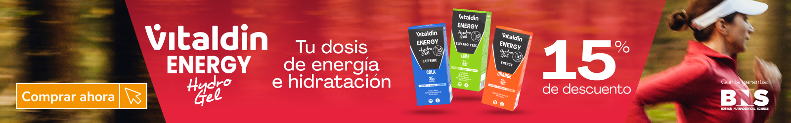 Banner promocional de Vitaldin Energy Hydro Gel con el mensaje "Tu dosis de energía e hidratación". Selección de geles energéticos de sabores cola, lima y naranja para deporte y resistencia, con una persona corriendo al fondo. Destacado promocional "15% de descuento" y botón "Comprar ahora".