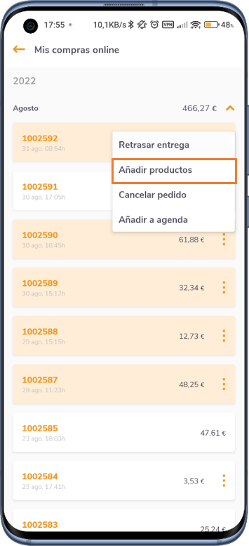 opción añadir productos