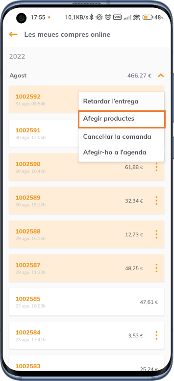 opción añadir productos