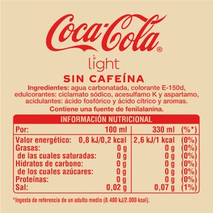 REFRESCO ZERO SIN CAFEINA COCA COLA 330 ML.