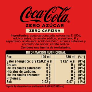 Refresco de cola Coca Cola zero sin cafeína pack de 12 latas de 33