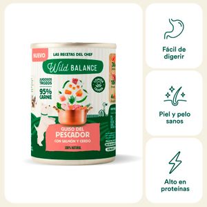 Segona imatge del producte Menjar Gos Natural Llanda Guisat de salmó i porc de la marca WILD BALANCE